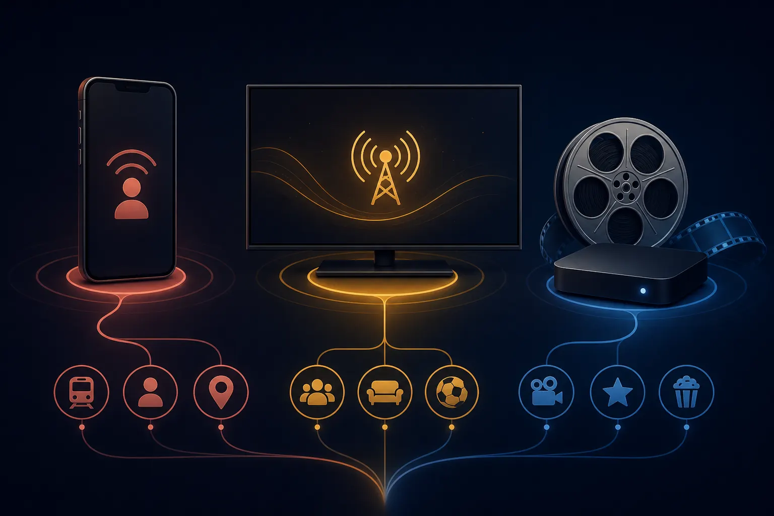 Ilustración comparativa de teléfono, televisor y TV Box para elegir una app según el uso