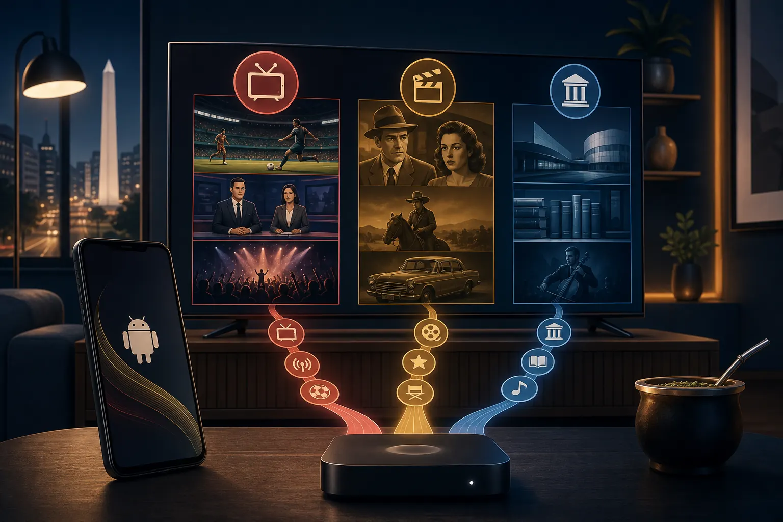Ilustración editorial de un televisor, un teléfono Android y un TV Box conectados a distintas opciones de contenido