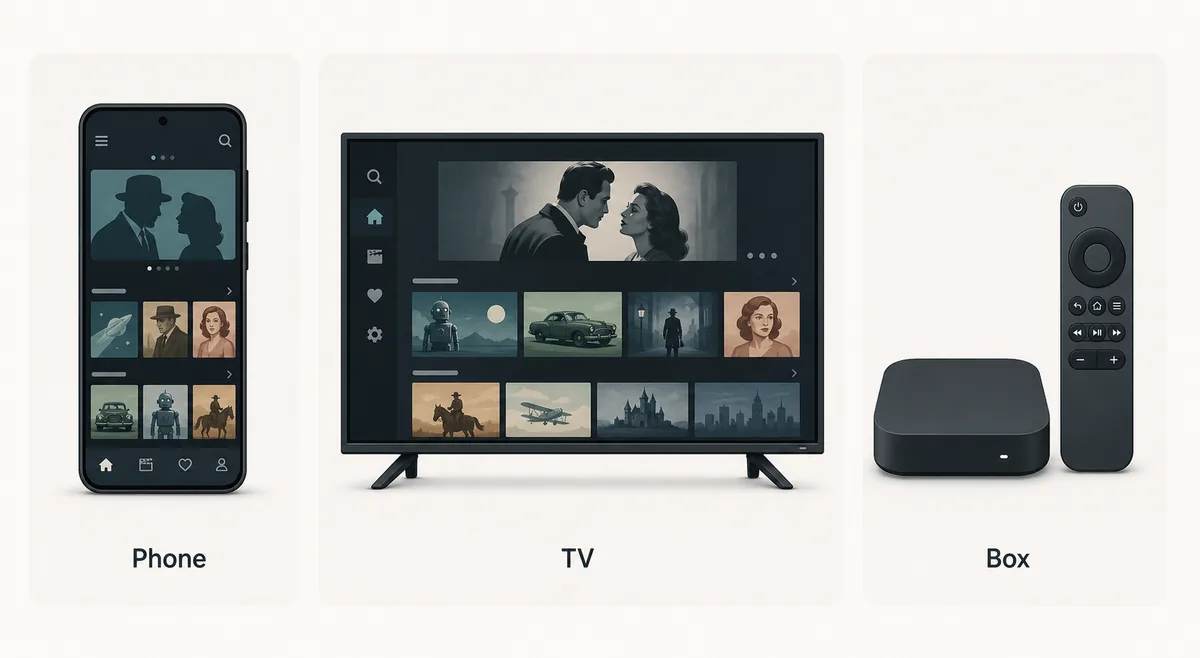 Comparación visual de celular, televisor y TV Box para ver películas y series retro