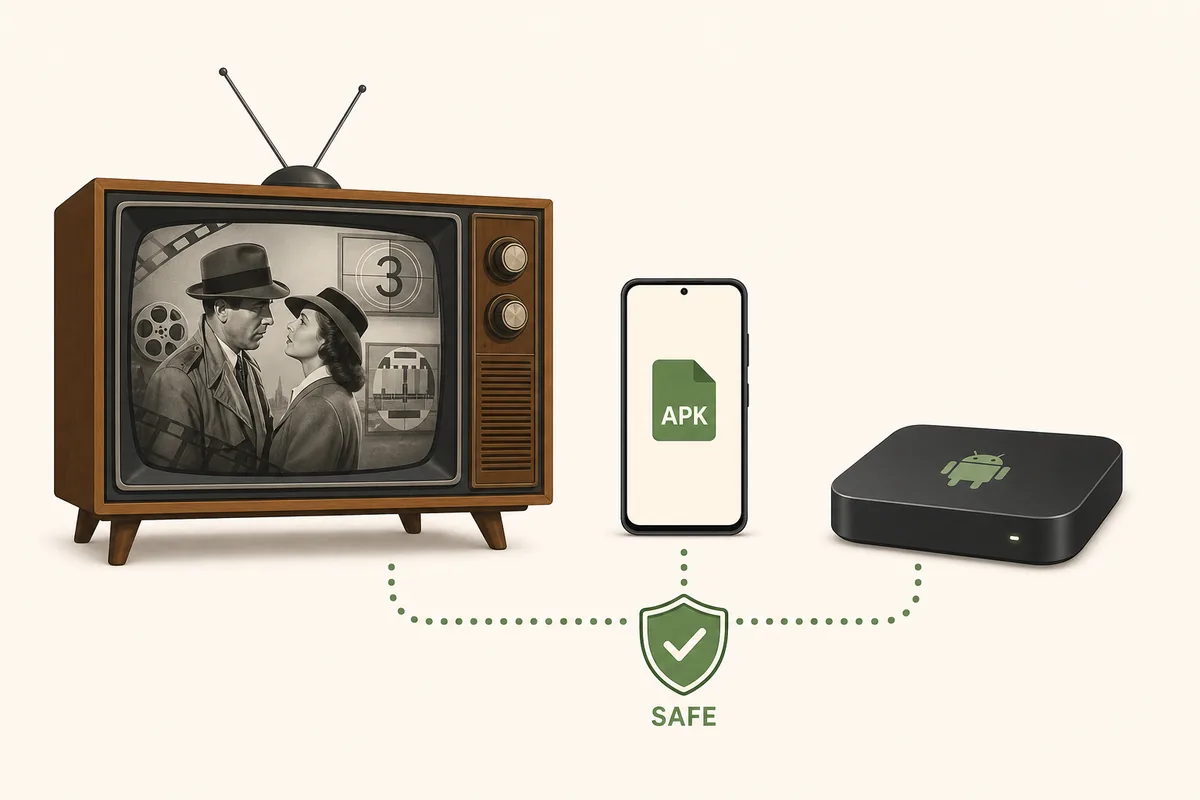 Ilustración de una TV retro, un móvil Android y un TV Box conectados por una descarga APK segura