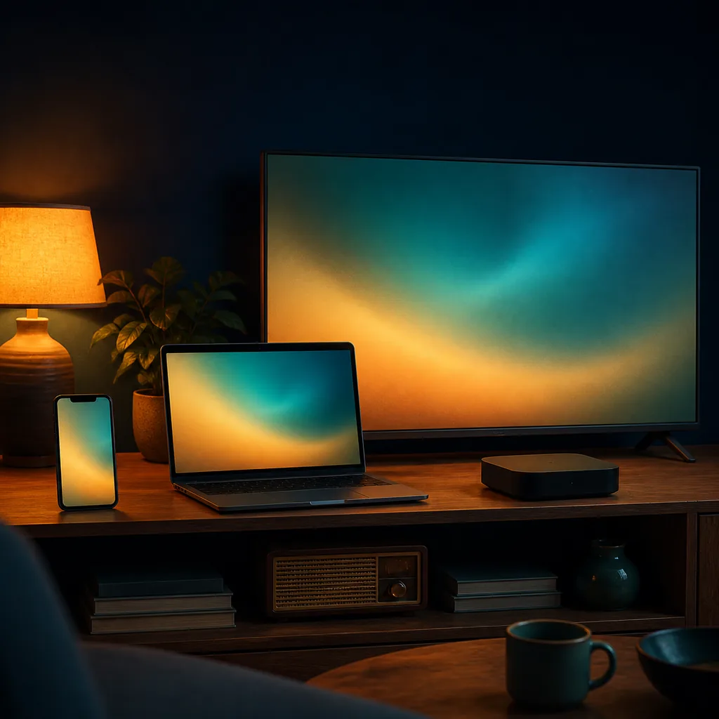 Teléfono, portátil, televisor y TV Box representados como opciones para ver TV retro online