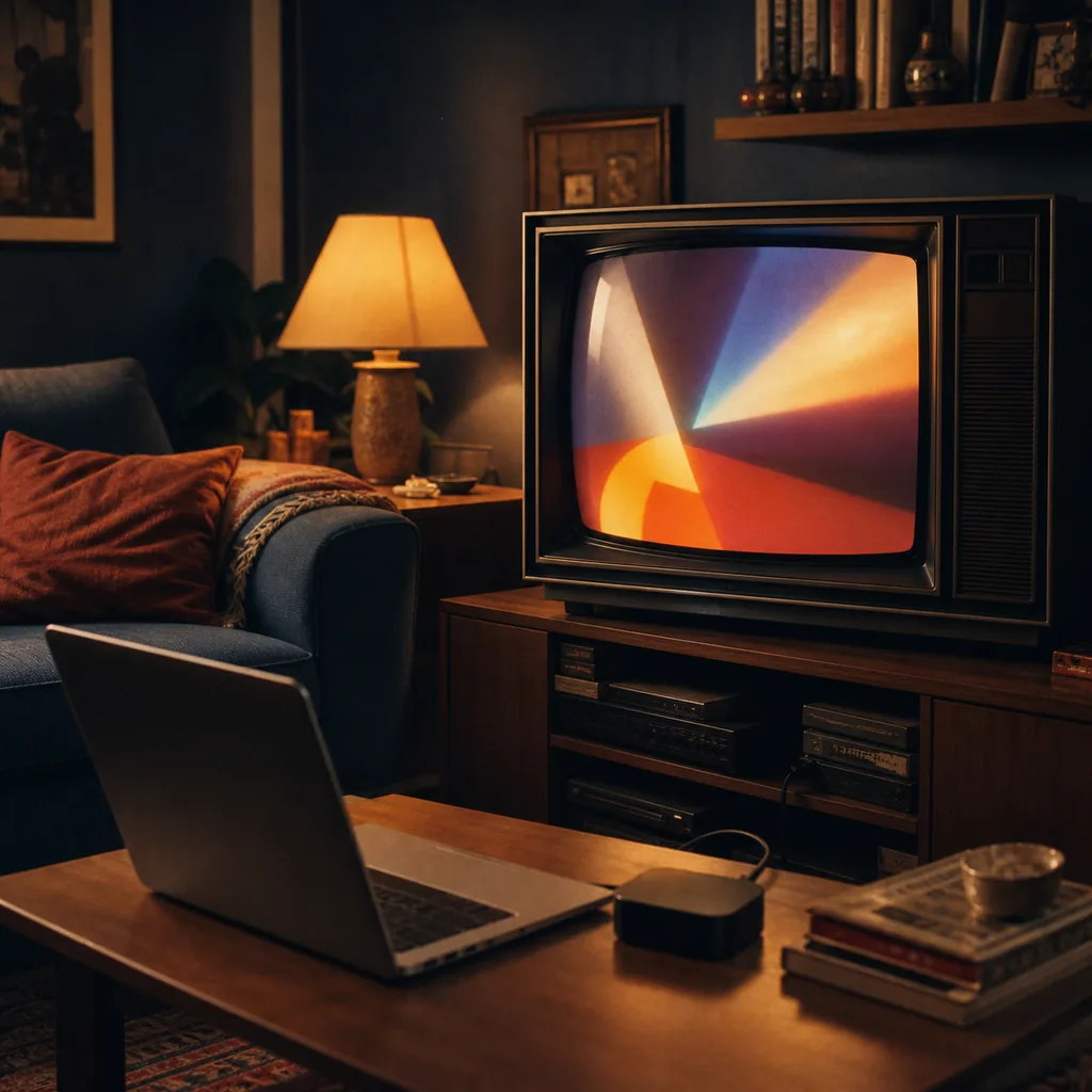 Televisor CRT con un portátil y un dispositivo de streaming para explicar cómo ver TV retro online