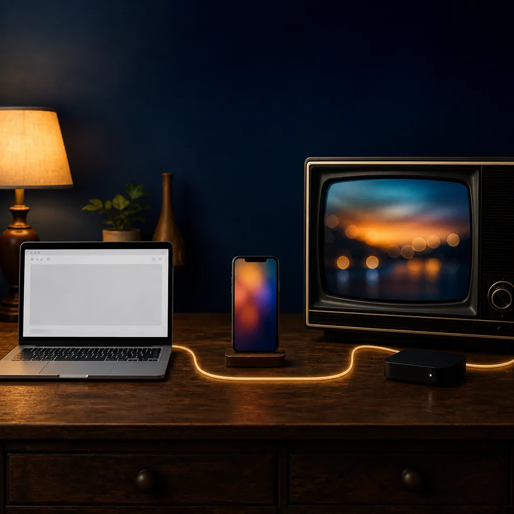 Portátil, teléfono y televisor con dispositivo de streaming que representan tres formas de ver contenido retro online