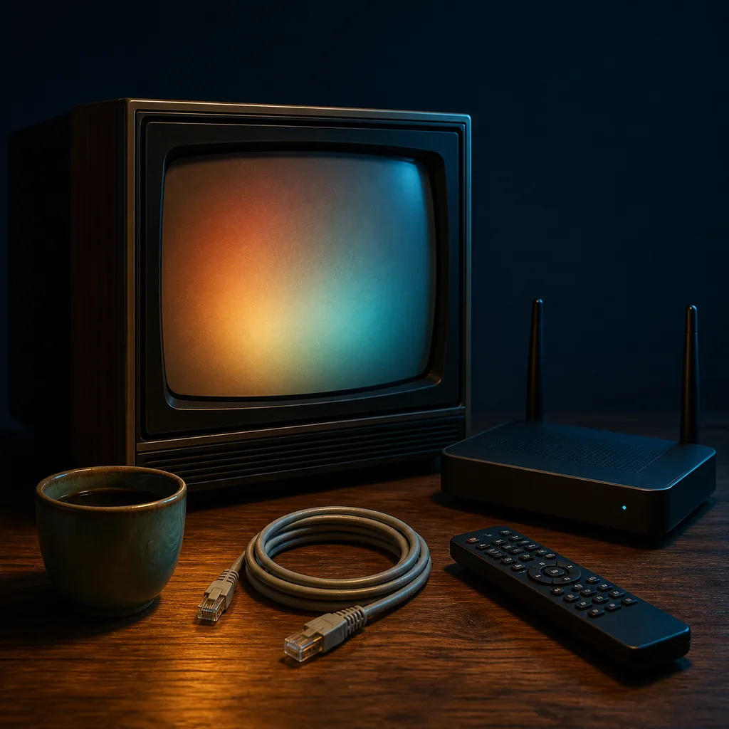 Televisor retro junto a un router, cable Ethernet y mando para ilustrar la solución de cortes de reproducción