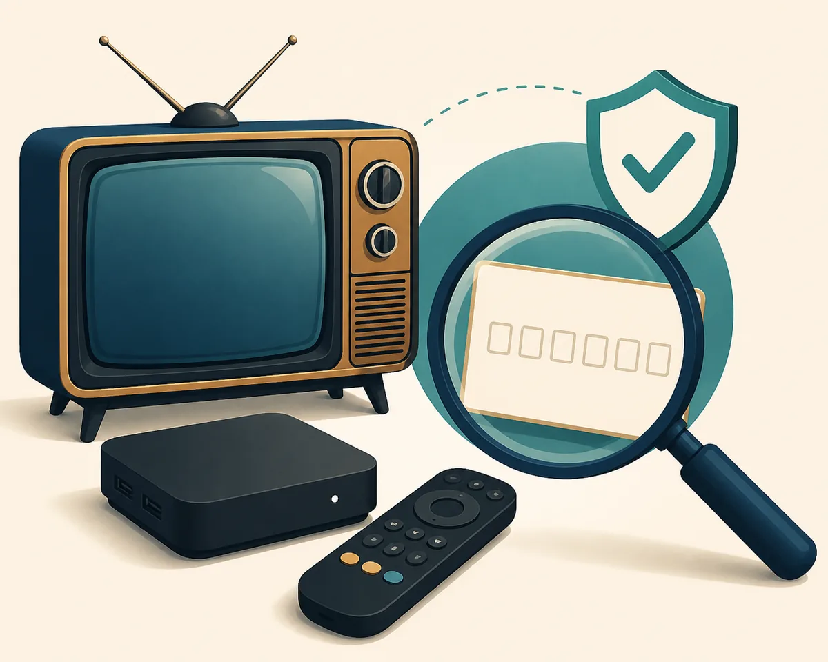 Ilustración editorial de una televisión retro, un TV Box y una lupa que revisa un código de Downloader