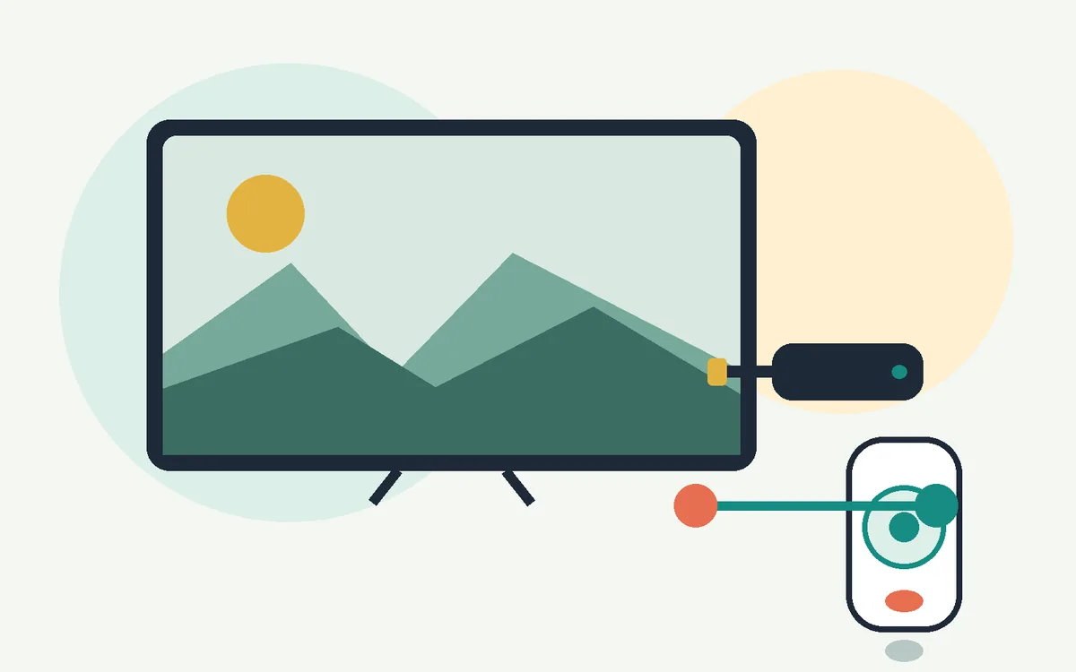 Ilustración editorial de un televisor con un dispositivo Fire TV Stick y un control remoto.