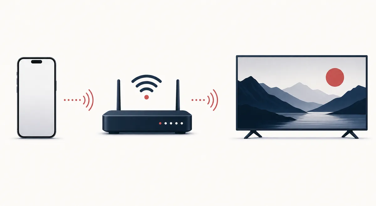 Diagrama editorial de iPhone, Wi-Fi y televisor conectados para transmitir