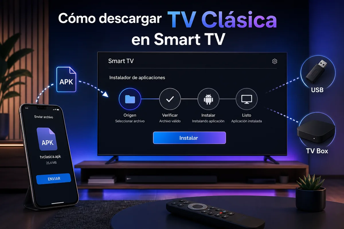 Guía visual para instalar TV Clásica APK en Smart TV con USB y control remoto